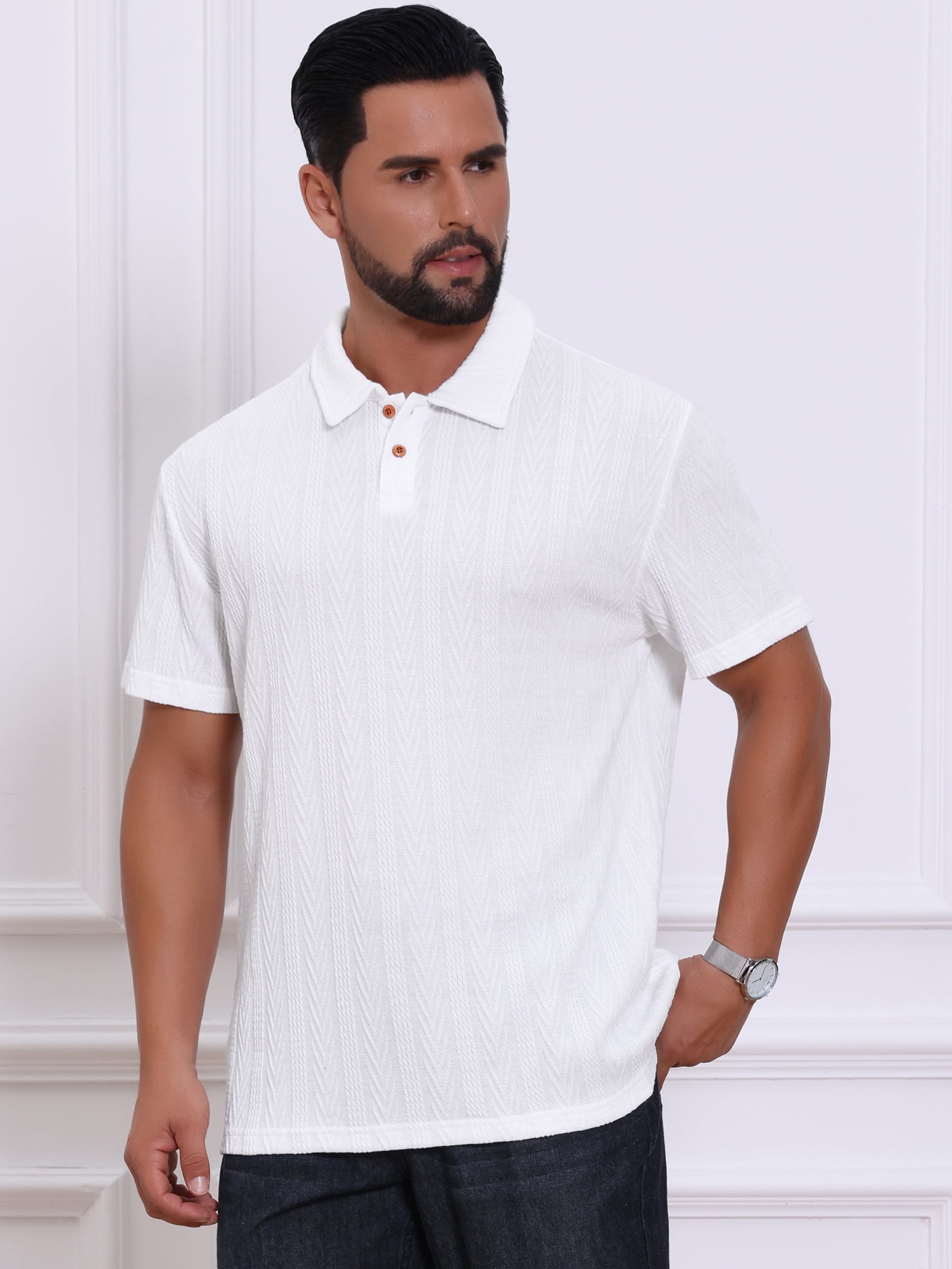 DARING DIVA Men's Jacquard Short Sleeve Button Down Collared Polo Shirts M White