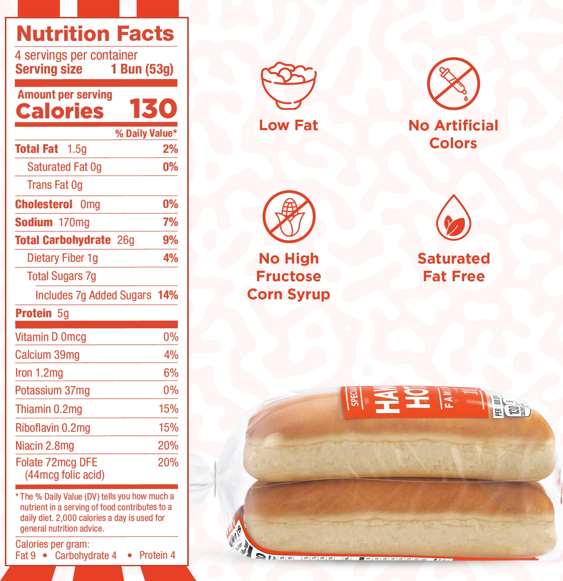Lewis Bake Shop Hawaiian Half Pack Hot Dog Buns, 7.5 oz, 4 Count