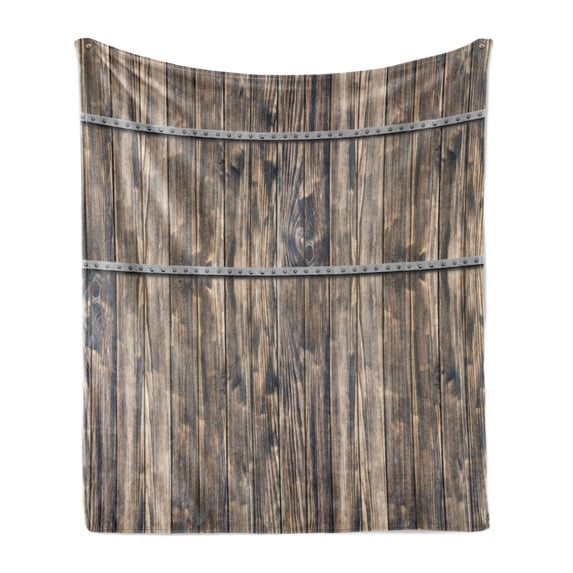 Rustic Soft Flannel Fleece Throw Blanket, Image of Wooden Planks with Screws and Nails Farmhouse Theme Log Cabin Print, Cozy Plush for Indoor and Outdoor Use, 50" x 60", Brown and Grey, by Ambesonne