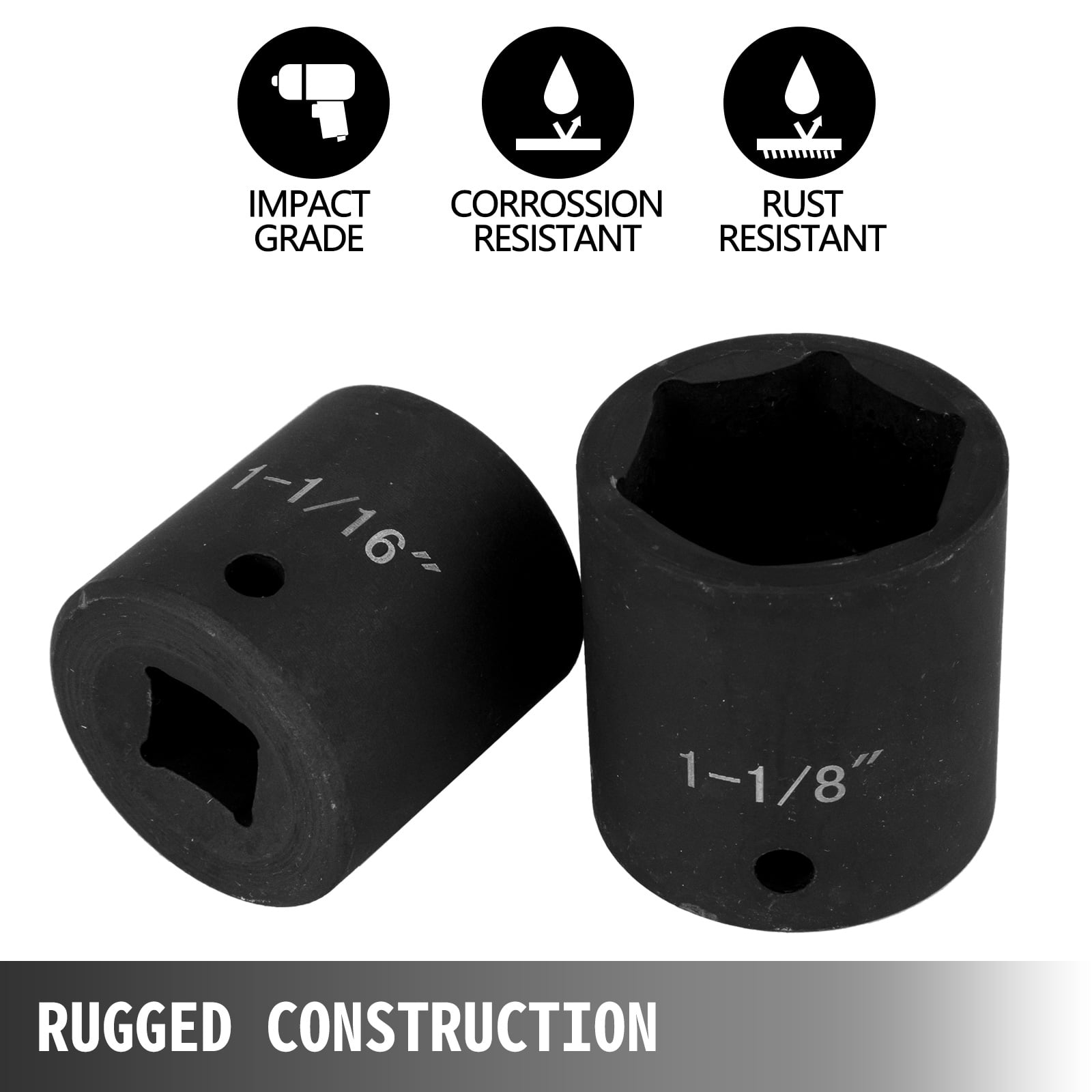 KFFKFF 1/2" Impact Socket Set, Set of 19, SAE Standard Sizes Ranging from 3/8" to 1-1/2", 6-Point Hex Design