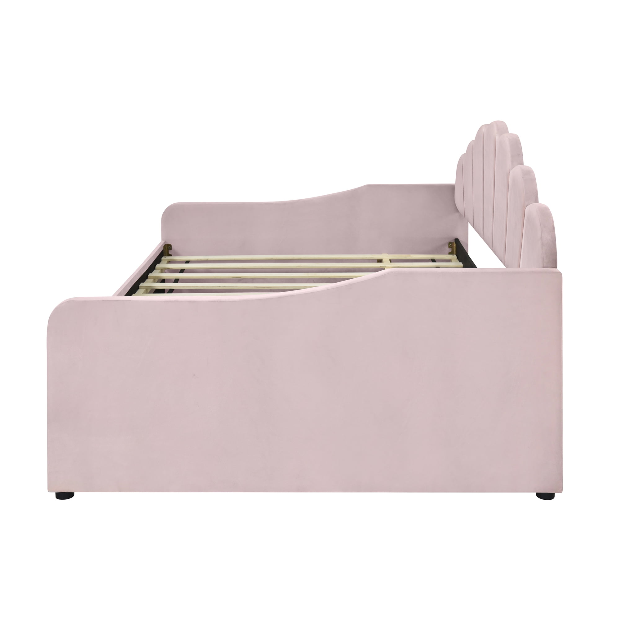 EUROCO Upholstery Full Size Platform Bed, Upholstery Daybed with Headboard and Trundle for Kids,Pink