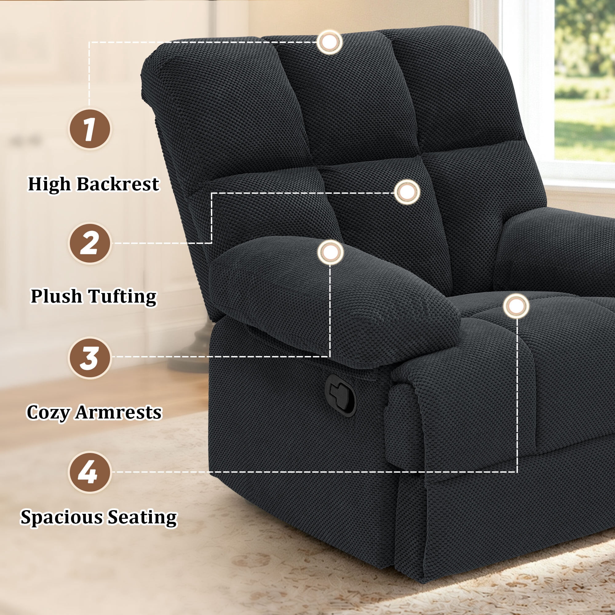 Lunale Manual Rocker Recliner for Home/Office, Adults Fabric Reclining Lounge Chair with Footrest, Gray Polyester