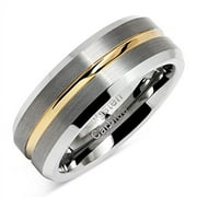Tungsten Rings for Men Two Tone Silver Wedding Bands Gold Grooved Matte Finish Size 6-16 (Tungsten, 7.5)