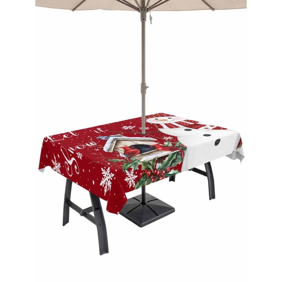 Outdoor Tablecloth with Umbrella Hole and Zipper, Red Snowman Christmas Rectangle Table Cloth 60x102 Inch Waterproof Tablecloth, Xmas Snowflake Birds Berry Winter Picnic Table Cover for Patio Camping