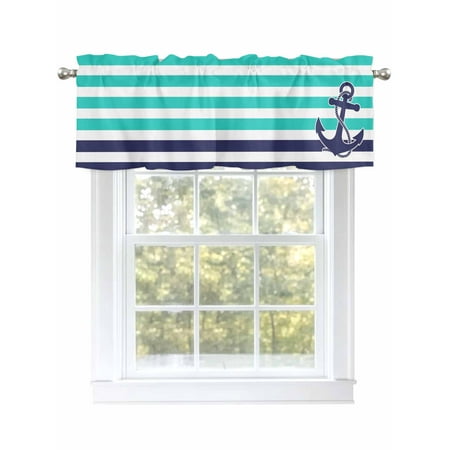 Navy Blue Anchor Valances for Windows Rod Pocket Kitchen Valance Curtains - Soft & Washable Small Window Treatment for Living Room Bathroom Nautical Stripes 42x12 Inch 1 Panel