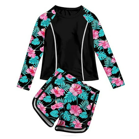 Toimothcn Swimsuit For Girls Long Sleeve Casual Floral Printed 2 Piece Bikini Set Quickly Dry Cover Up Swimwear 8-9 Years