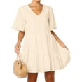thumbnail image 4 of FANCYINN Womens Cute Shift Dress Short Bell Sleeve Ruffle Hem V Neck Loose Swing Tunic Mini Dress with Pockets Beige XS, 4 of 6