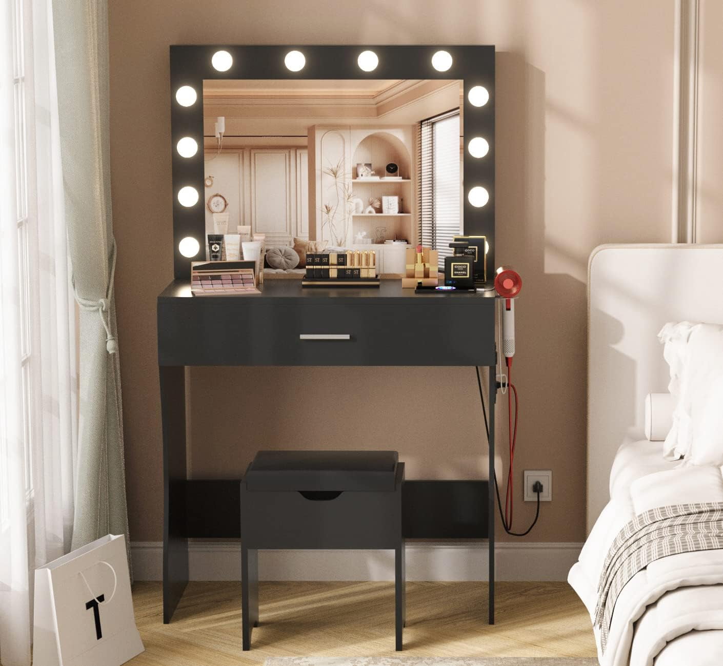 VEANERWOOD Vanity Set with 3 Color Lighted Mirror Makeup Table 55" with Charging Station Large Drawer, Black