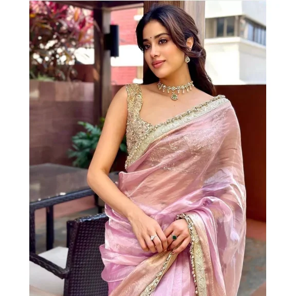 Shining Tissue Saree with Sequins Border Lace, Jacquard Pallu & Running Blouse