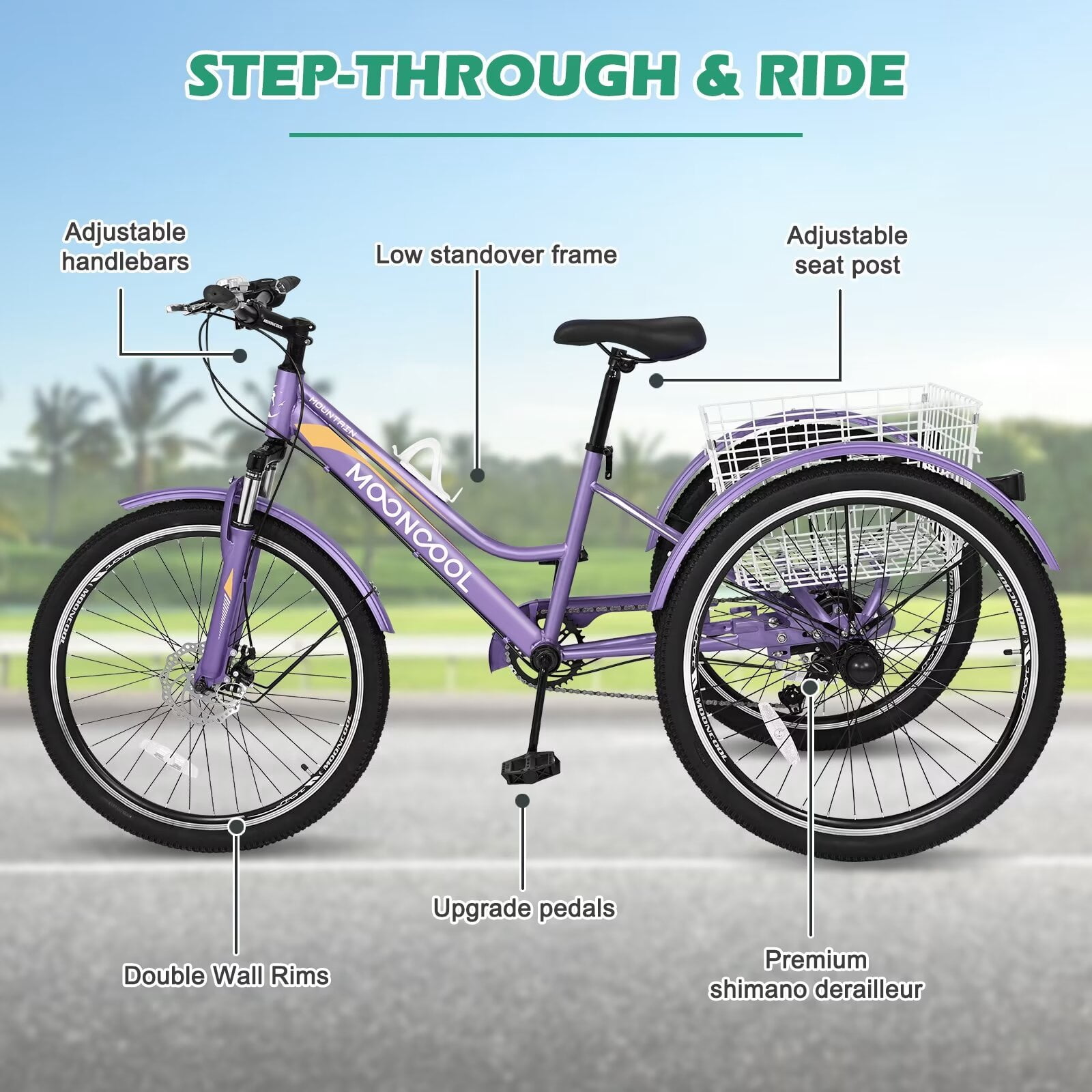 MOPHOTO 24" Mountain Tricycle for Women, 7 Speed Adult Cruiser Trike, Bicycle for Senior, Shopping 3 Wheel Bicycle with Rear Basket
