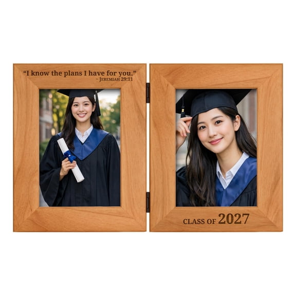 Know The Plans - Class of 2027 - Graduation Frame - Natural Wood Hinged 2 Side by Side Portrait 5x7 Picture Frames