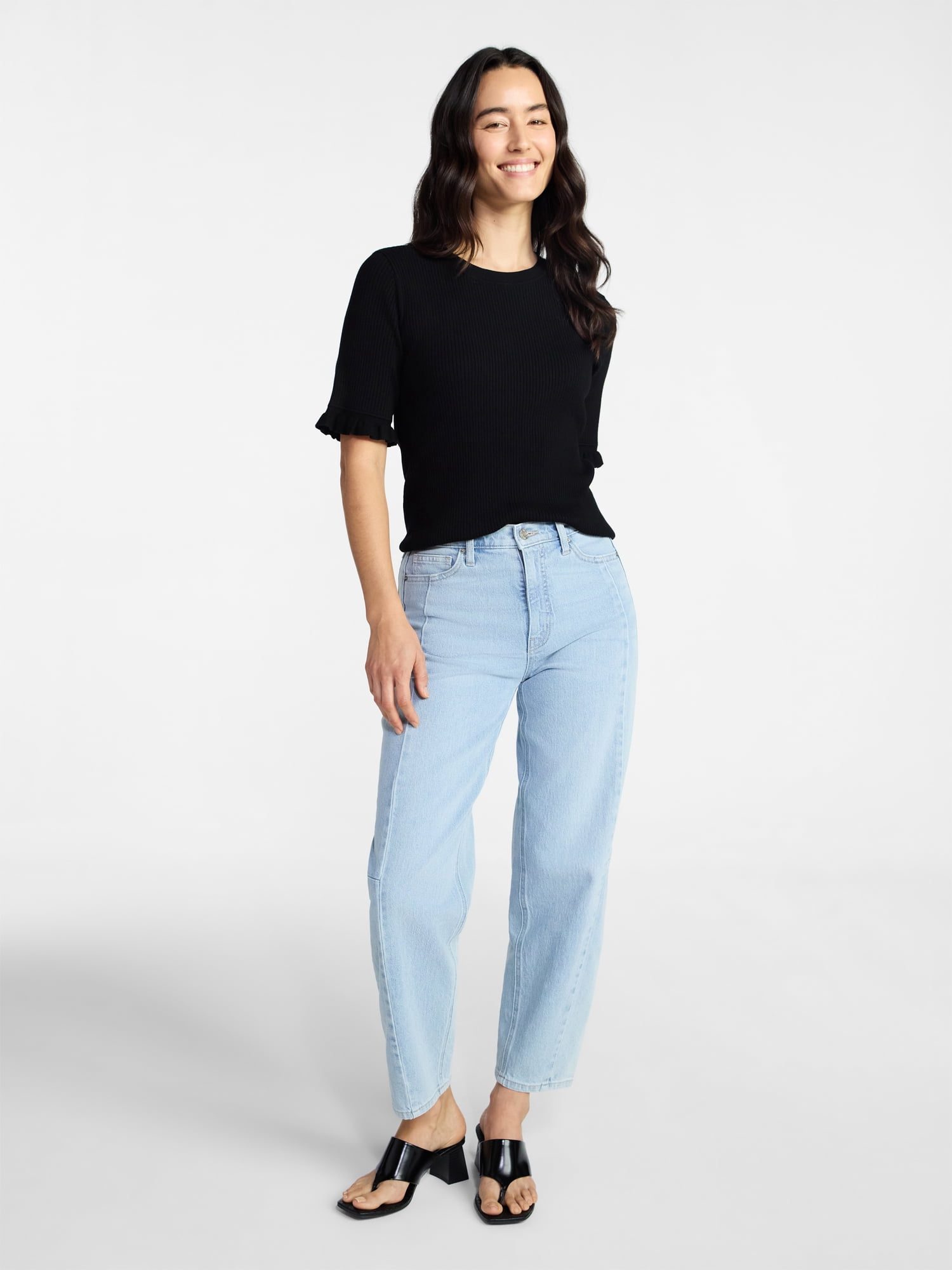 Time and Tru Women's Ribbed Sweater with Flounce Sleeves, Midweight, Sizes XS-XXXL