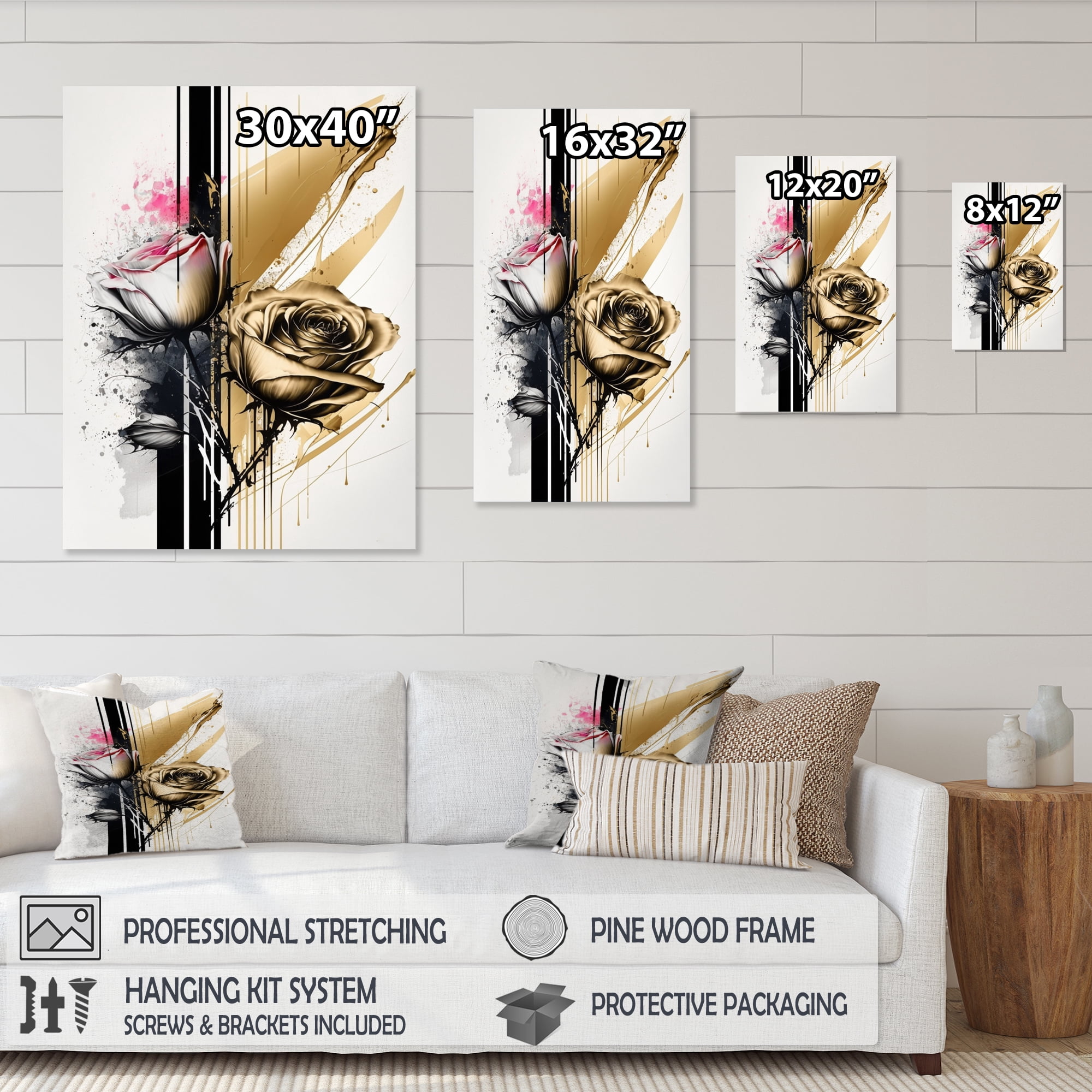 Designart Roses Flow Flower On Golden Beige Paint V Canvas Wall Art