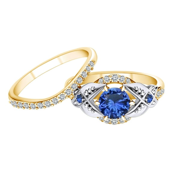 AFFY 1.41 Carat Round Simulated Blue Sapphire & Natural Diamond Half Eternity Band Ring 14k Solid Yellow Gold Ring Size-7.5