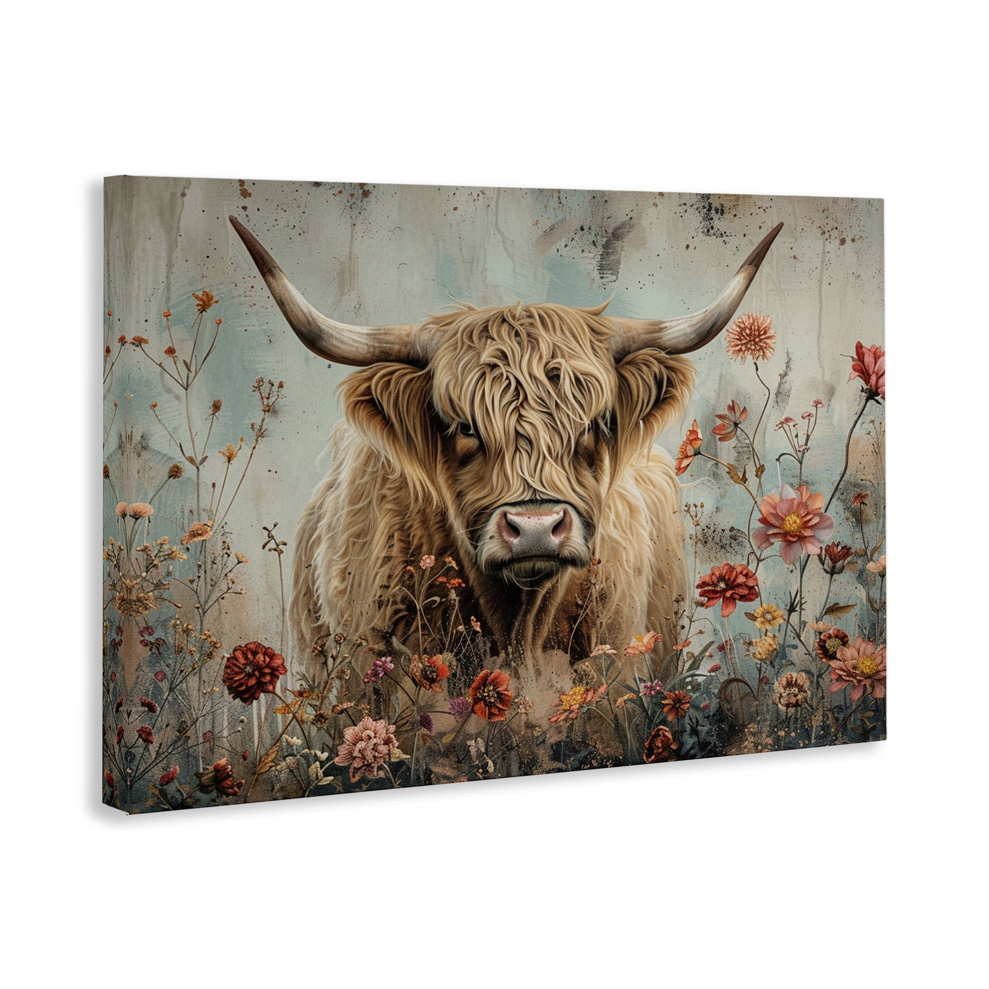 Stupell Industries Spring Blooms Highland Cow Animals Painting Wrapped Canvas Art Print Wall Art, 30 x 20