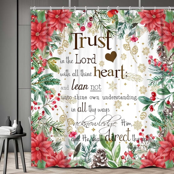 Christmas Floral Bible Verse Shower Curtain, Funny White Snowflake Trust in The Lord Flower Plant Leaves Xmas Bath Curtain, Waterproof Fabric Shower Curtain Set with 12PCS Hook, 72x72IN