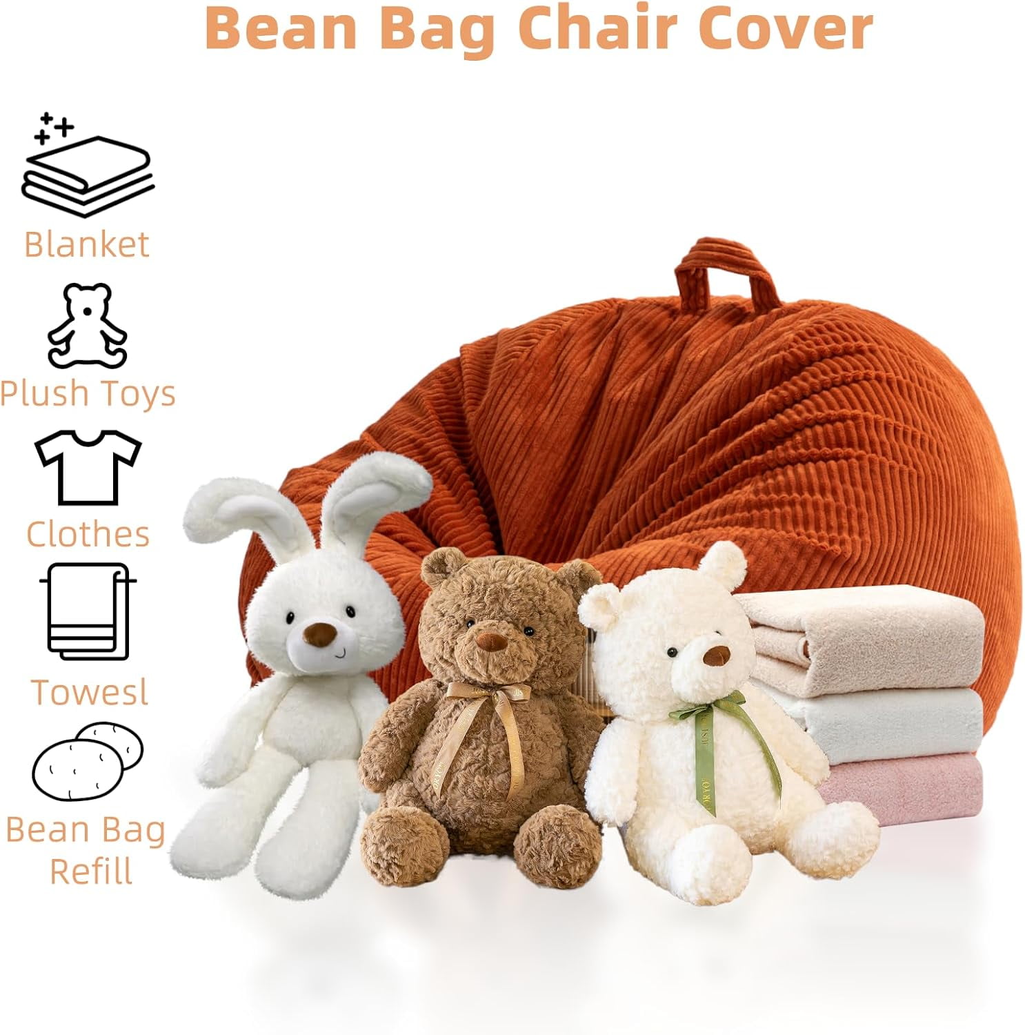 Stuffed Animal Storage Bean Bag Cover (No Filler), Corduroy Kids & Toddler Bean Bag Chair for Teens & Adults, Toy Storage Organizer, Comfy Sofa for Playroom (Baby Pink, Adult (Cover Only)