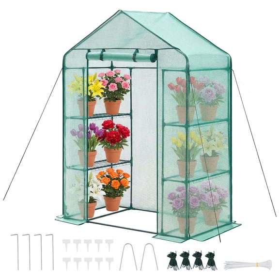 VEVOR Walk-in Greenhouse, 55.5" x 28.3" x 78.7" Greenhouse for Outdoors with PE Cover, 2 Tiers 4 Shelves, Roll-Up Zipper Door, Walk in Green House,Portable Plant Garden Hot House for Backyard Outside