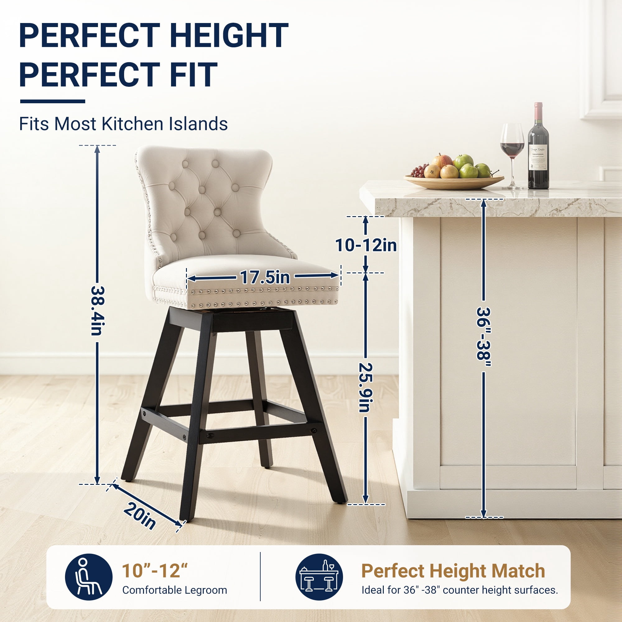 Swivel Counter Height Bar Stools Set of 2, LEGAHOME Farmhouse Velvet Bar Stools with Back for 34–38" Kitchen Island, Armless Wooden Bar Chairs for Home Bar, Beige (Set of 2)