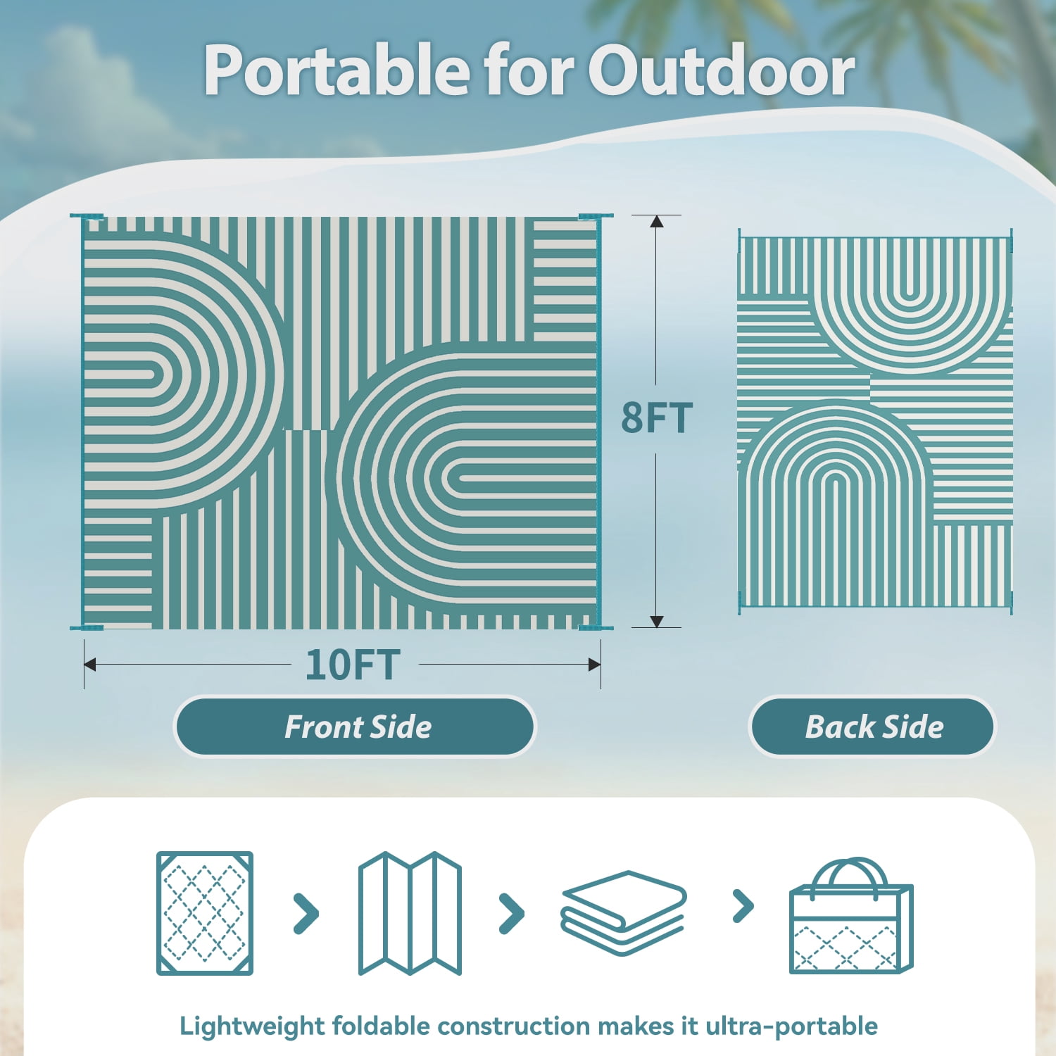 VUNATE Outdoor Rug Carpet 8'x10' Waterproof Reversible Patio Rug Portable Boho Indoor Outdoor Rug Plastic Straw Rug for Beach RV Camping Garden Picnic Deck Backyard Modern Porch Decor Teal and White