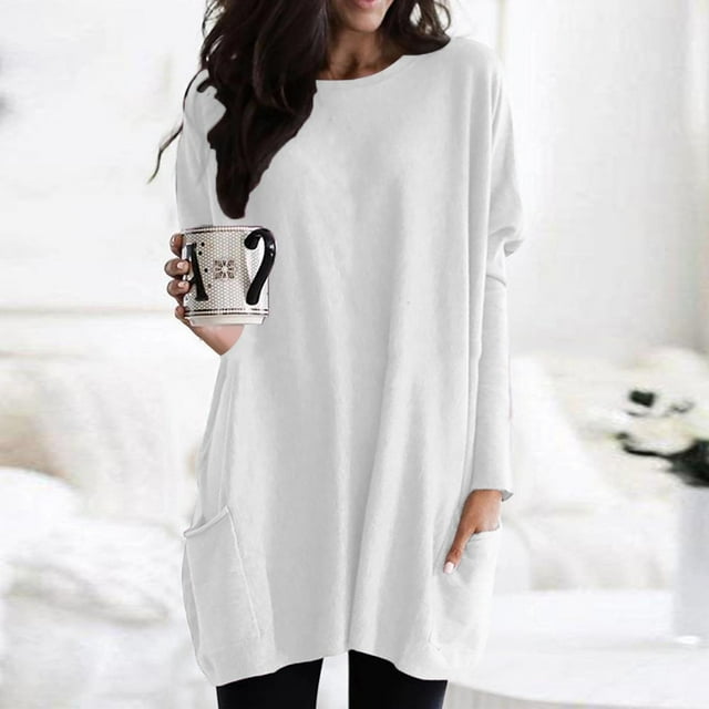 Hamky T-Shirts pour Femmes T-Shirts pour Femmes T-Shirts à Col Rond à Manches Longues pour Femmes Hauts Grande Taille Chandails Légers Tuniques Décontractées Amples Hauts à Manches Courtes pour Femmes Hauts Décontractés pour Femmes Blanc G