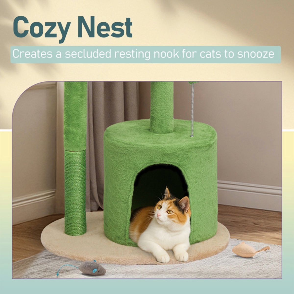 33in Cat Tree, Multi-level Cat Tower with Cat Scratching Post with Curved Perch, Cozy Cat Condo, Padded Top Bed for Kittens and Indoor Cats, Beige & Green