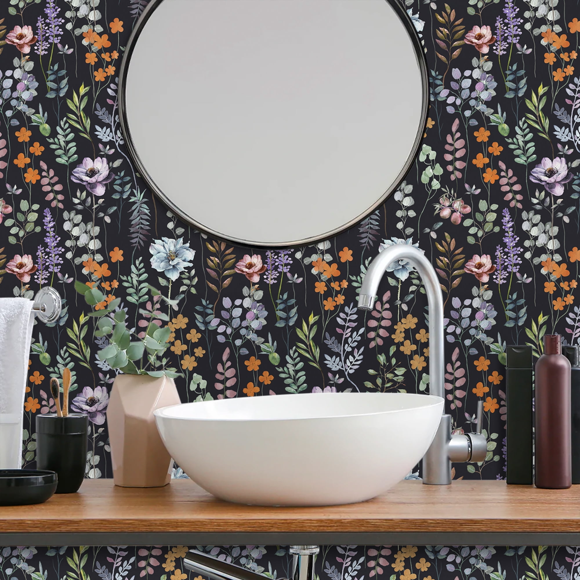 (4 pack) UMIGGEE Floral Wallpaper Peel and Stick Flower Black Wall Paper Self Adhesive Wallpaper 17.7-in x 118-in Contact Paper Removable Wallpaper for Home Decor Wall Covering Old Furniture Renovation