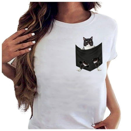 

Women s Pet Pocket Printed Short Sleeve Casual Loose T-shirt Top Short Sleeve Scrub Jackets Short