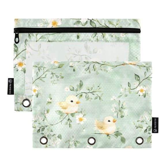 Dailycode 2 Pack Pencil Pouch for 3 Ring Binder Smooth Zipper Folders with Pockets Clear Window Pencil Case, Watercolor Chick and Branch
