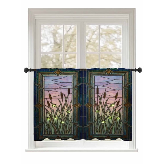 Sheer Curtains 54 Inch Length, Stained Glass Semi Sheer Curtains Light Filtering Window Treatment, Vintage Abstract Botanical Plant Privacy Voile Drapes for Living Room Bedroom 52x54 Inch