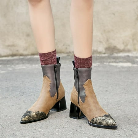 

VKEKIEO Women S Ankle Boots & Booties Round Toe Mid Heel Booties Ornamental Zipper Zip-Up Gray