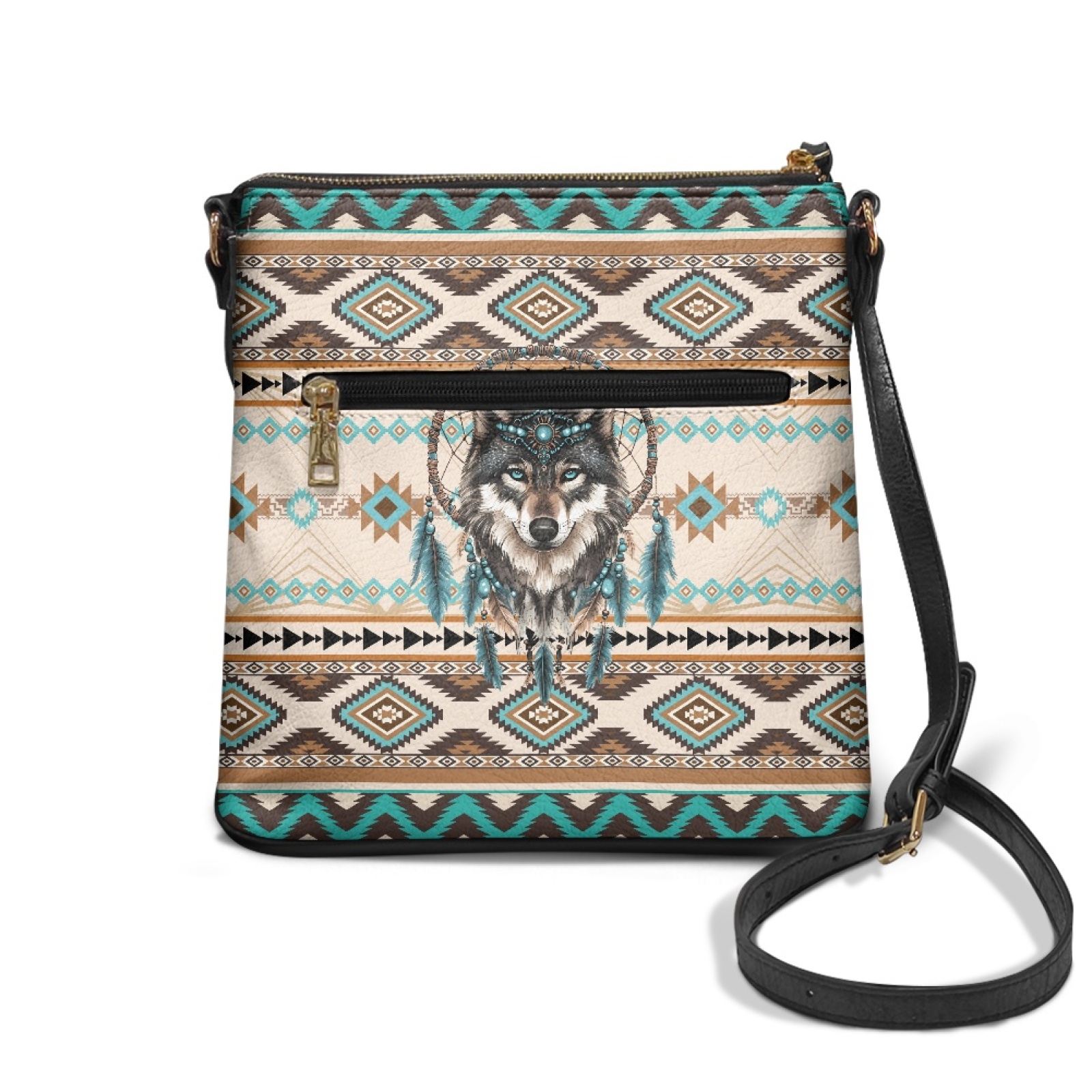 LedBack Aztec Wolf Dreamcatcher Hobo Purses for Women Medium Size Leather Crossbody Purse Bag with Adjustable Strap, Zipper Shoulder Bag Satchel Bag for Ladies for Travel Shopping, Beige
