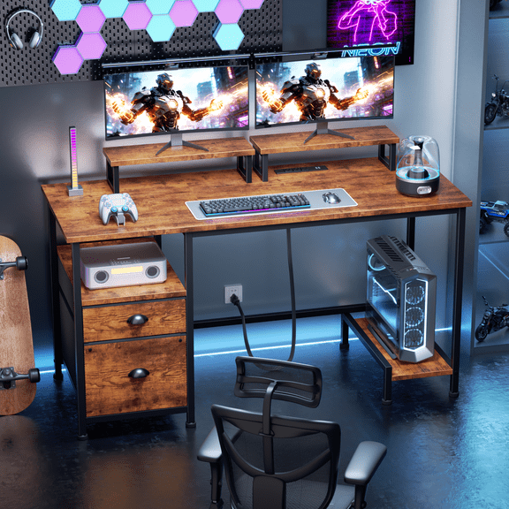 Satifur 47 Inch Computer Desk with 2 Drawers, Home Office Desk with Monitor Stands and Power Ports, Rustic Brown Heavy Duty Wooden Workstation