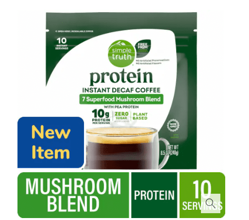Simple Truth Protein Instant Decaf Coffee 7 Superfood Mushroom Blend with Pea Protein 10 Servings 8.5 oz