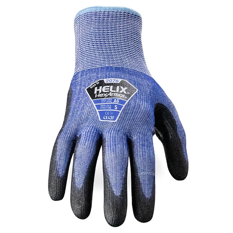HexArmor Helix 2076-L Cut Level A6 Gloves, 13-Gauge HPPE/Steel/Fiberglass Shell, PU Palm Coating