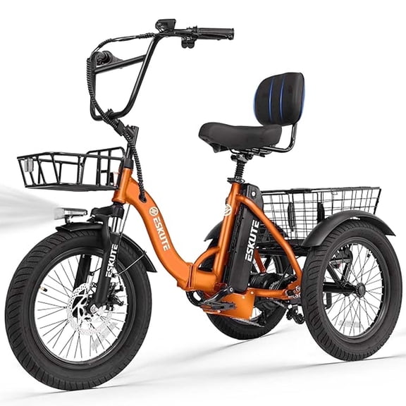 ESKUTE Orange E Trike Electric Bike, Peak 1200W Brushless Motor Folding Trike 18X3.0 Fat Tire Ebike, 499Wh Removable Battery, Step-Thru 3 Wheel Electric Bicycle, 48V 13AH 18MPH Tricycle for Adults