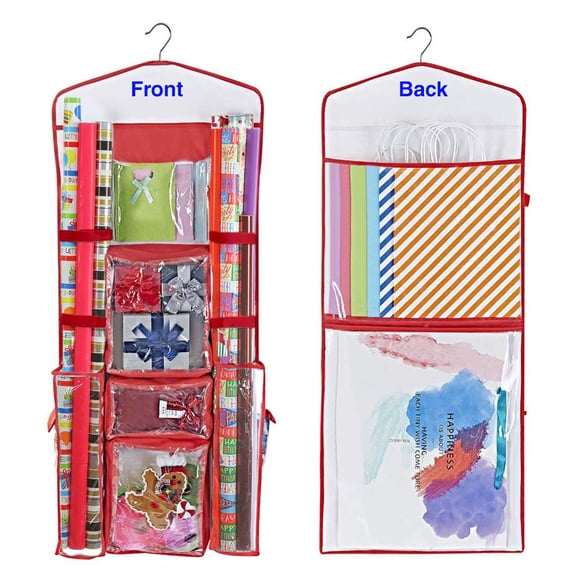 ProPik Hanging Double Sided Wrapping Paper Storage Organizer With Multiple Pockets Organize Your Gift Wrap, Gift Bags Bows Ribbons 40"X17" Fits 40 Inch Rolls Clear PVC Bag (Red)