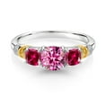 thumbnail image 2 of Gem Stone King 925 Silver and 10K Yellow Gold Pink Moissanite and Red Created Ruby and Diamond 3-Stone Ring for Women (1.76 Cttw, Gemstone Birthstone, Cushion 6MM and 4MM, Size 9), 2 of 3