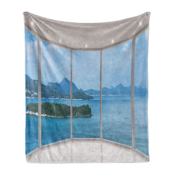 Landscape Soft Flannel Fleece Blanket, Seascape Beach Seaside Hills Trees View from Window Picture Tropical Panorama, Cozy Plush for Indoor and Outdoor Use, 70" x 90", Blue and White, by Ambesonne
