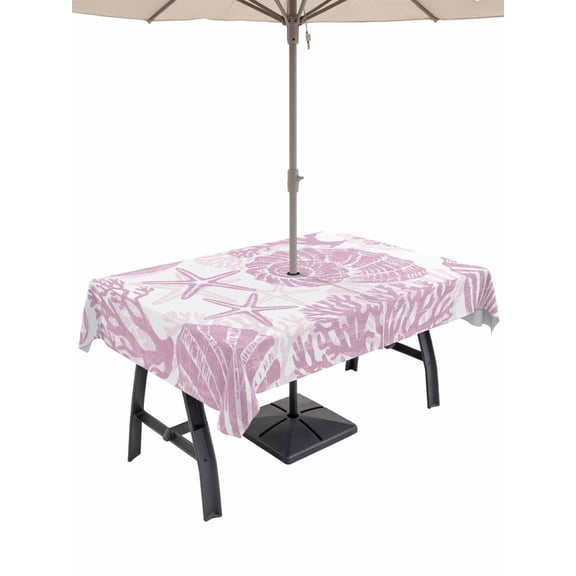 Outdoor Tablecloth with Umbrella Hole for Patio/Picnic/Party/Camping, Pink Coastal Waterproof Table Cloth Rectangle Table Cover Washable, Nautical Coral Shell Conch Starfish Summer (60"x 102")