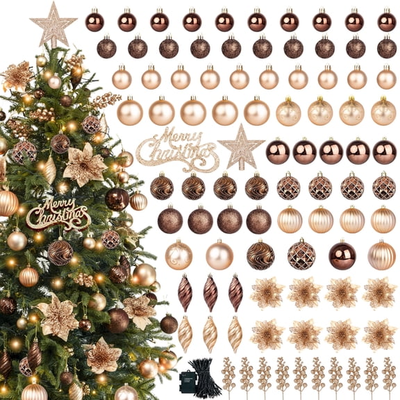 Scidweet 95 Pcs Christmas Tree Ornaments Set, Christmas Poinsettia Flowers Shatterproof Clear Plastic Baubles with Light for Home Holiday Wedding Party Xmas Tree Decor, Brown