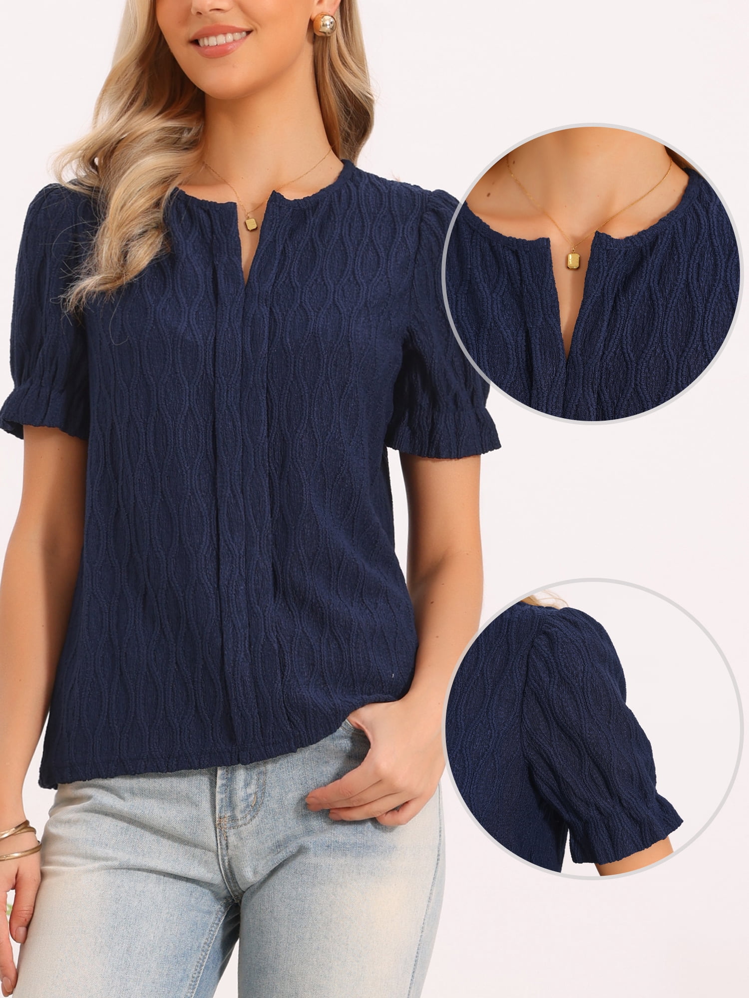 DARING DIVA Women's Tops Short Puff Sleeve V Neck Blouse Textured Outfits XS Navy Blue