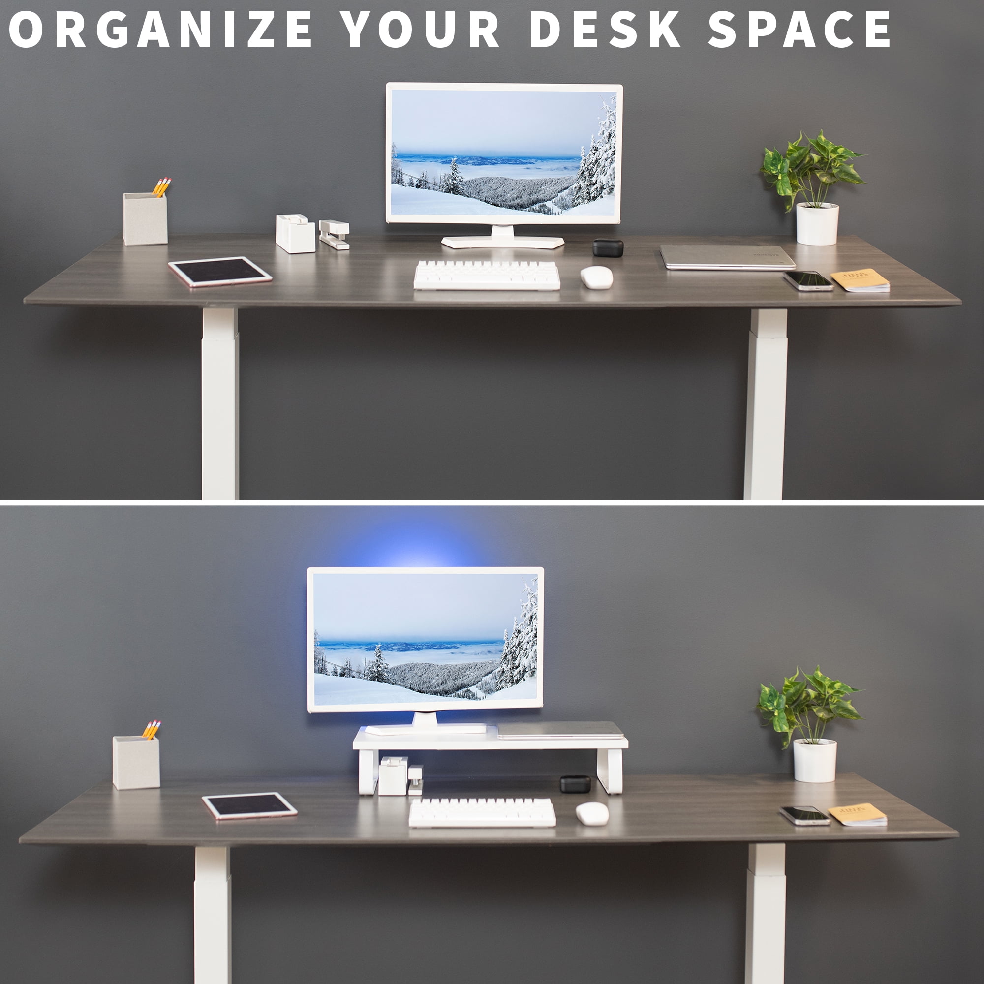 VIVO White Wood 24" Wide Desktop Stand Ergonomic TV Monitor Riser Desk Organizer