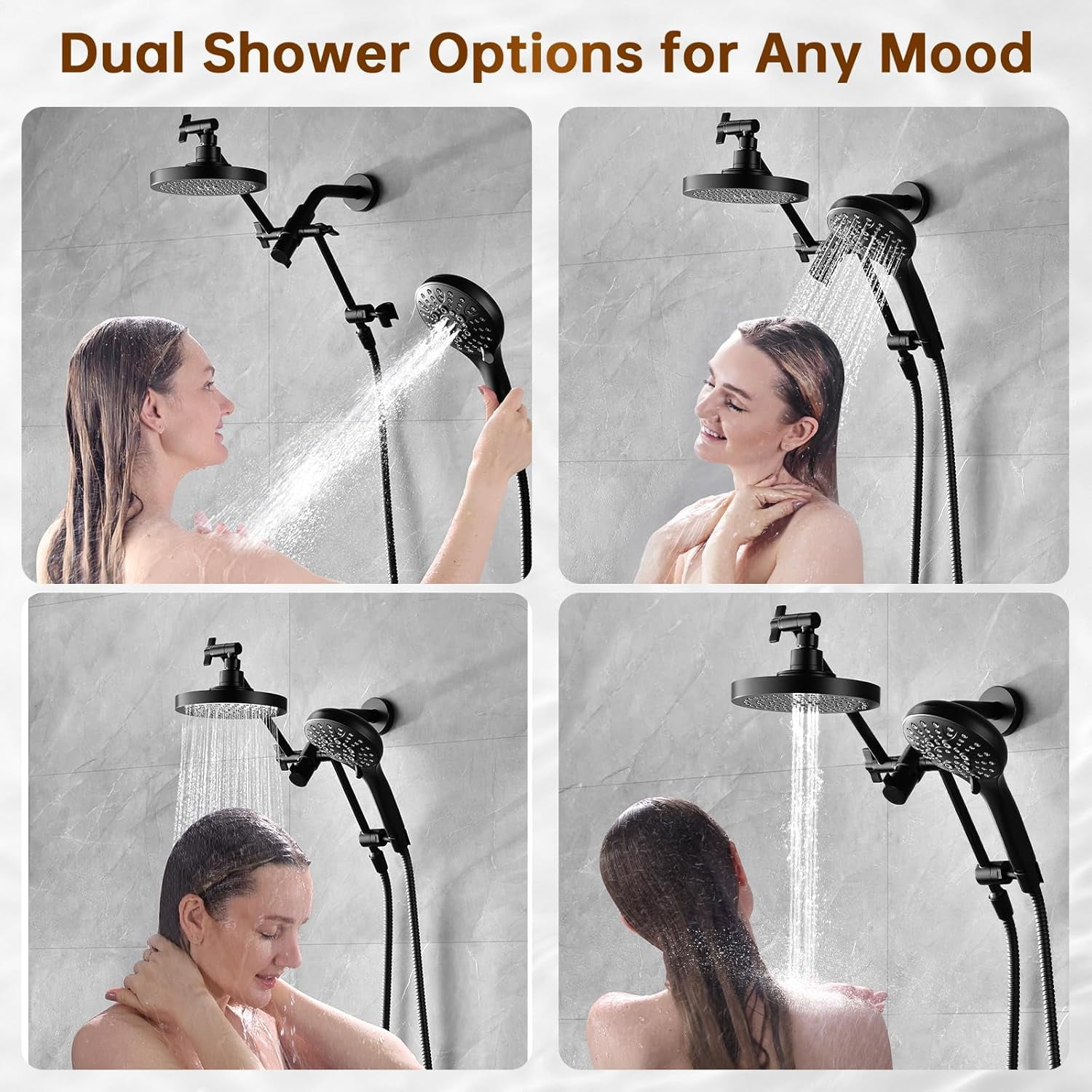 BRIGHT SHOWERS Rain Shower Head with Handheld Spray Built-in Power Wash, High Pressure Dual Shower Head with Height Adjustable Extension Arm, 3-Way Diverter, 9 Settings Handheld, 69" Hose, Chrome