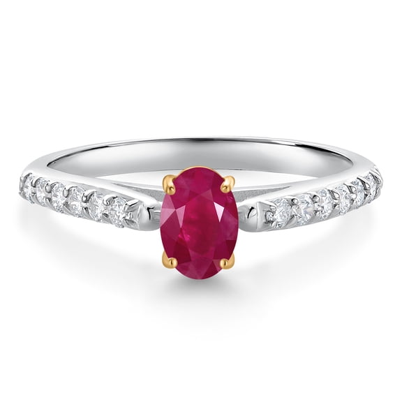 Gem Stone King 925 Sterling Silver and 10K Yellow Gold Red Ruby and White Lab Grown Diamond Engagement Ring for Women (0.78 Cttw, Oval 6X4MM, Gemstone July Birthstone, Size 7)