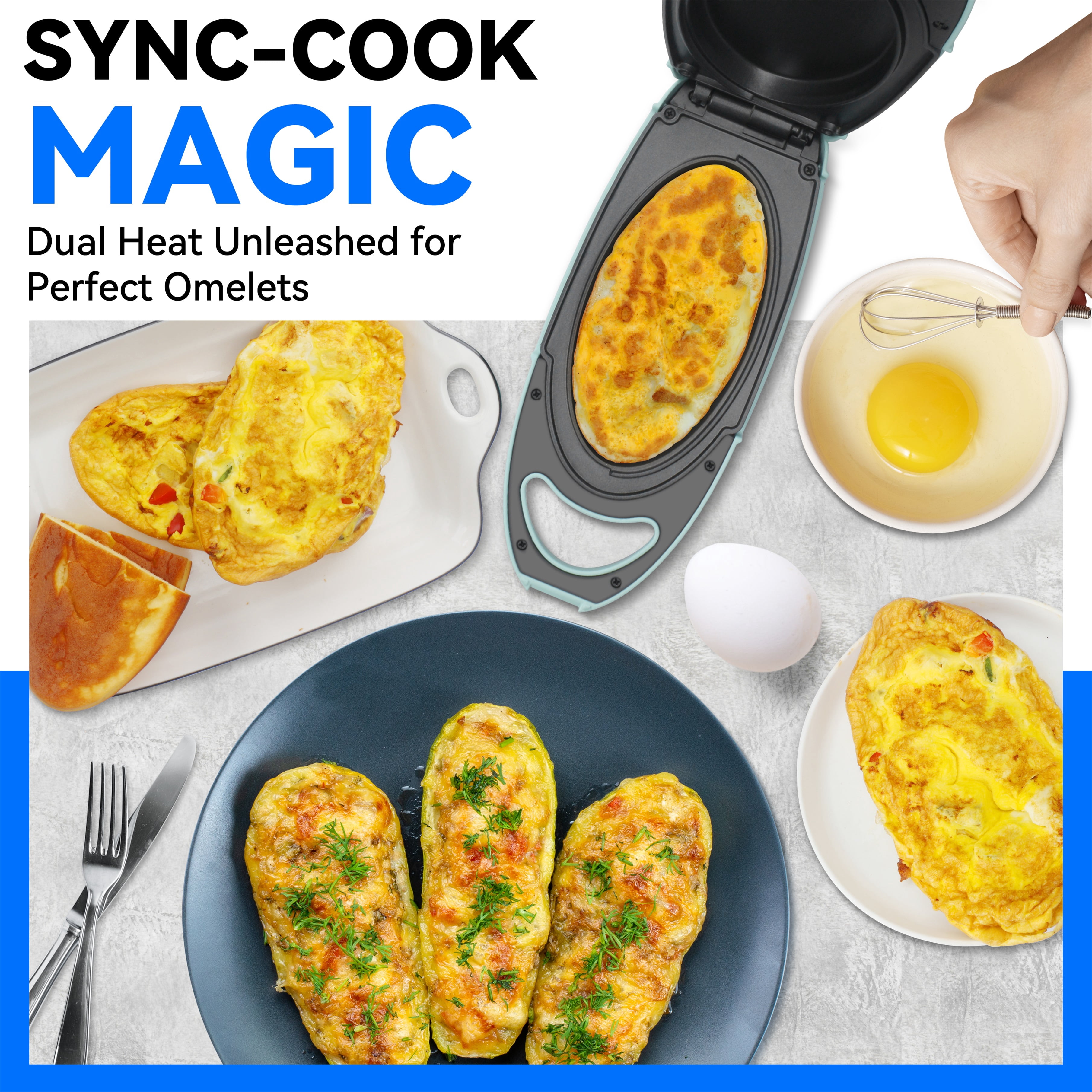 Mailand Electric Flip Omelette Maker - Dual Nonstick Surfaces Frittata & Egg Pan, 800W, Aqua