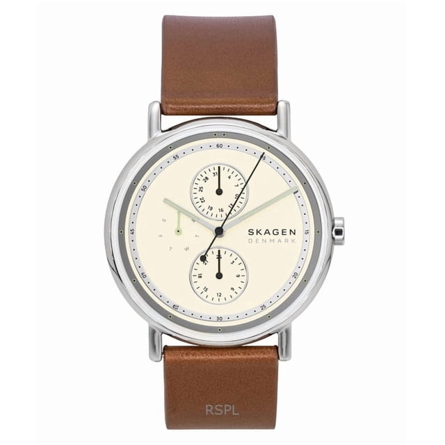 Skagen Reloj de Cuarzo Multifunción con Esfera Color Crema y Correa de Piel Signature SKW6942 para Hombre