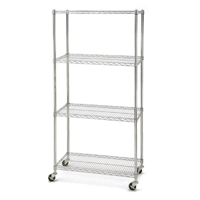 Seville Classics 4-tier commercial NSF chrome shelving unit measuring 36 by 18 by 72 inches with caster wheels for mobility.