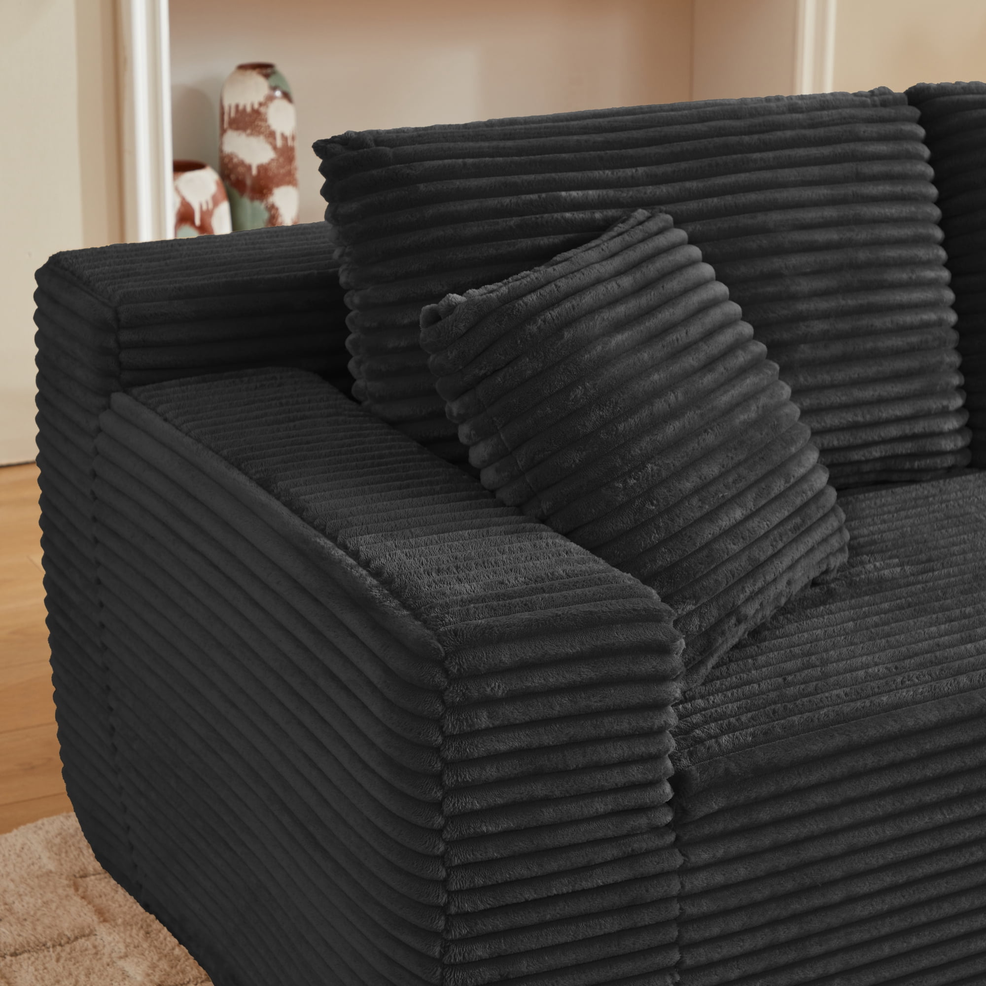 HOQBN 96.9" Boneless Modular Sectional Sofa with Chaise, L-Shaped Corduroy Cloud Sectional Couch with Deep Seat and Side Pockets, Upholstered 3 Seater Sofa Living Room, No Assembly, Black