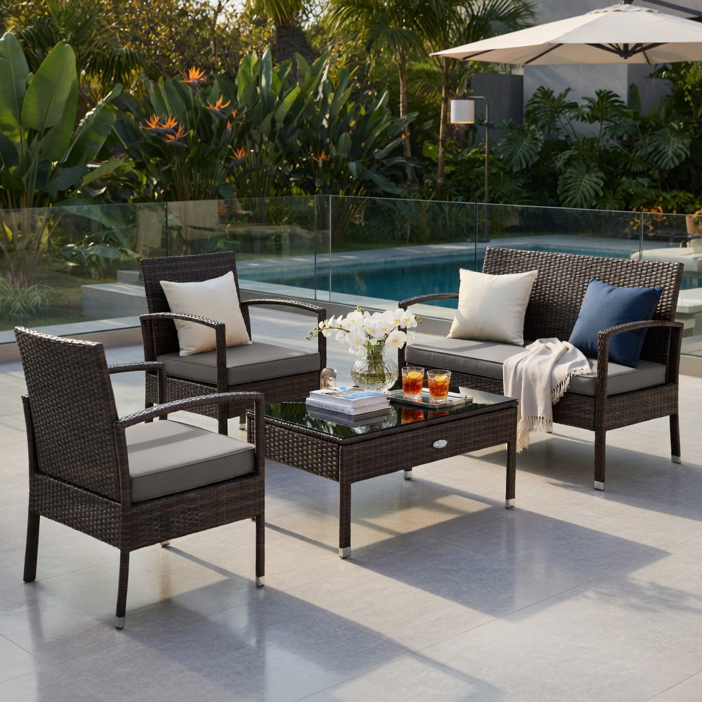 Hommoo 4-Piece Outdoor Rattan Patio Furniture Set, PE Wicker Loveseat, 2 Armchairs, and Coffee Table with Removable Cushions, Brown